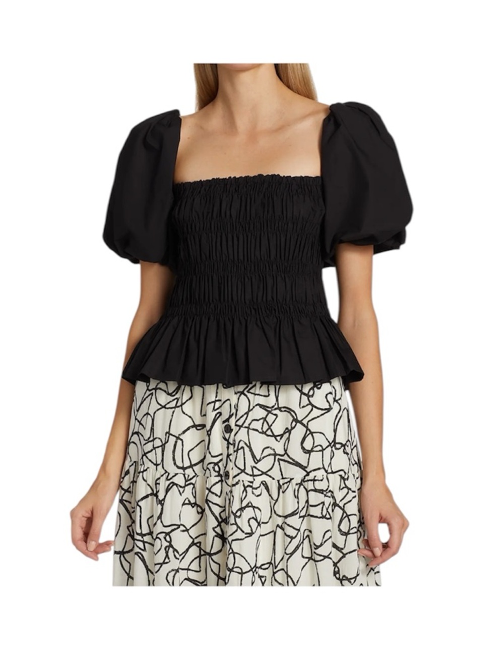 ASTR the Label Savina Black Puff Sleeve Smocked Blouse Short Sleeve Size Small
